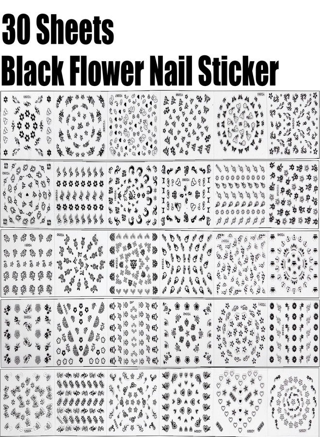 Sevgob 30Sheets Black Flower Nail Art Stickers Spring Summer Nail Stickers for Nails Art 3D Self-Adhesive Floral Nail Decals Flower Sticker for Women Girls Acrylic Nails Manicure DIY - Image 2